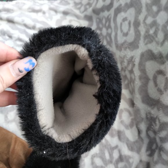 Brown suede & faux fur trimmed winter gloves fleece interior with beaded design - Picture 6 of 6